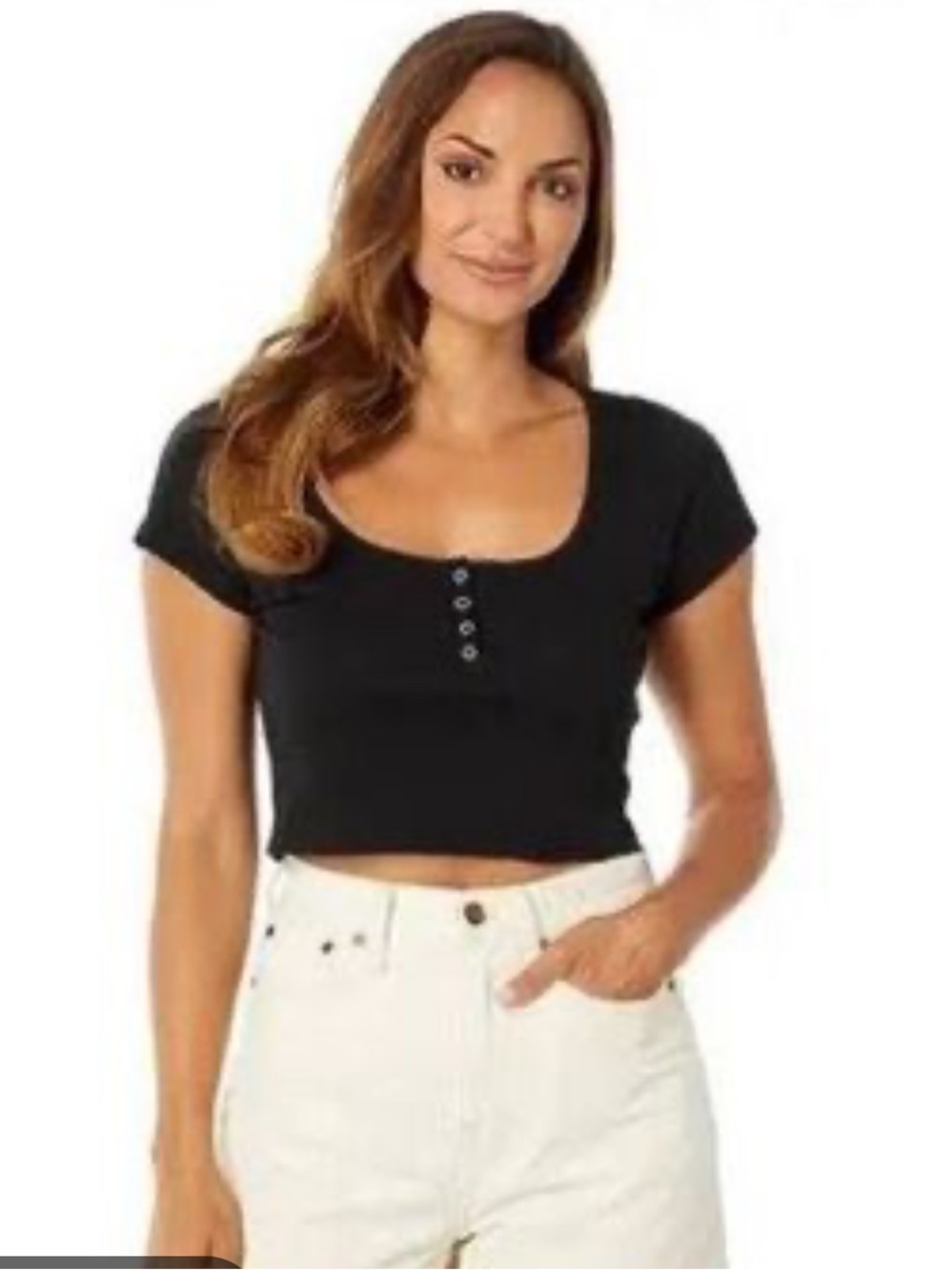 Madewell Black Scoop Neck Henley Cropped Top Size Small